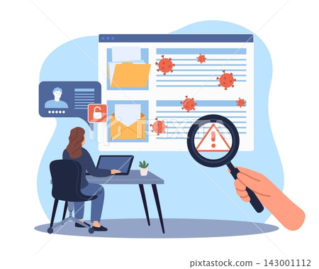 Cybersecurity threat detection. Malware scan and email protection, monitoring with infected files, email risks and authentication warning symbols, vector cartoon isolated antivirus concept Cybersecurity threat detection. Malware scan and email protection, monitoring with infected files, email risks and authentication warning symbols, vector cartoon isolated antivirus concept 143001112