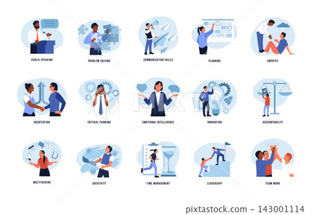 Essential soft skills. Business competence, communication, leadership, critical thinking, negotiation teamwork for hr, professional growth and collaboration tidy vector cartoon isolated set Essential soft skills. Business competence, communication, leadership, critical thinking, negotiation teamwork for hr, professional growth and collaboration tidy vector cartoon isolated set 143001114