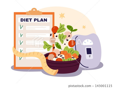Healthy diet plan. Fresh salad, weight loss, nutrition checklist and healthy lifestyle, planning with salad bowl, nutrition management, calorie control, vector cartoon isolated concept Healthy diet plan. Fresh salad, weight loss, nutrition checklist and healthy lifestyle, planning with salad bowl, nutrition management, calorie control, vector cartoon isolated concept 143001115