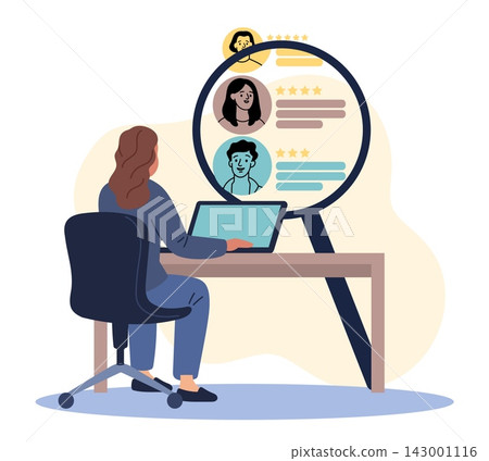HR recruitment process. Candidate screening on computer, talent search and employee selection analytics, candidate customer feedback and performance reviews, vector cartoon isolated concept HR recruitment process. Candidate screening on computer, talent search and employee selection analytics, candidate customer feedback and performance reviews, vector cartoon isolated concept 143001116