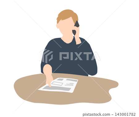 一幅插圖,描繪了一位年輕男子一邊打電話一邊查看文件。 一幅插圖,描繪了一位年輕男子一邊打電話一邊查看文件。 143001782