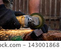 Man in protective gloves cutting metal with an angle grinder outdoors, bright sparks flying. Concept of manual labour, home workshop, DIY metalwork and work safety. 143001868