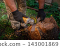 Man in protective gloves cutting metal with an angle grinder outdoors, bright sparks flying. Concept of manual labour, home workshop, DIY metalwork and work safety. 143001869