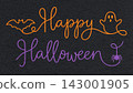Happy Halloween orange and purple lettering with bat, ghost and spider continuous line art on black textured paper background 143001905