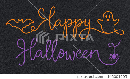 Happy Halloween orange and purple lettering with bat, ghost and spider continuous line art on black textured paper background Happy Halloween orange and purple lettering with bat, ghost and spider continuous line art on black textured paper background 143001905