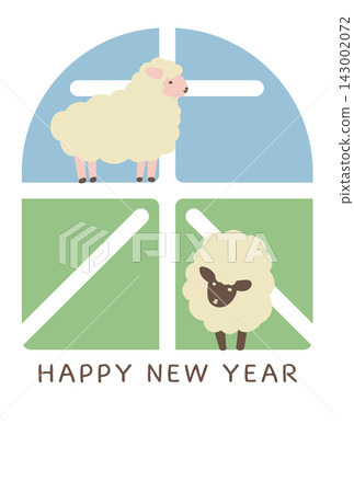 A vertical New Year's card featuring a sheep peeking through a window. A vertical New Year's card featuring a sheep peeking through a window. 143002072