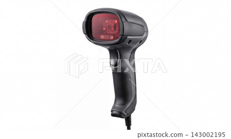 Handheld barcode scanner with red laser beam isolated on white background handheld electronic technology checkout inventory logistics warehouse commerce business equipment ergonomic automatic isolated 143002195