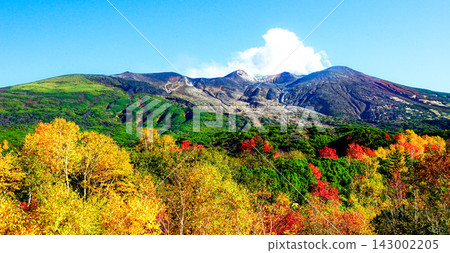 The vibrant autumn colors of Mount Tokachi as seen from Bogakudai in Biei Town, Hokkaido, under a clear autumn sky. The vibrant autumn colors of Mount Tokachi as seen from Bogakudai in Biei Town, Hokkaido, under a clear autumn sky. 143002205