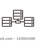 A simple line drawing icon representing a network configuration with multiple servers connected. 143002480