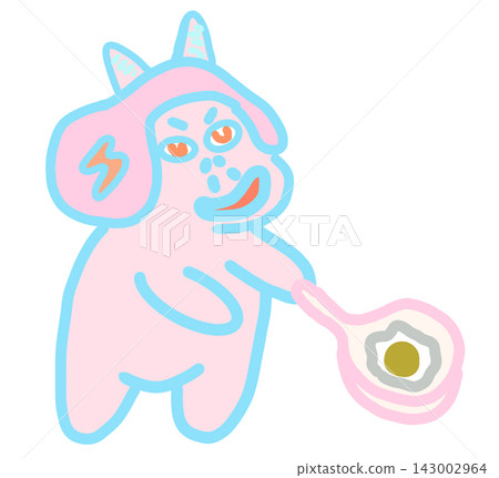 Funny pink monster character cooking fried egg with a pan, hand drawn digital illustration on black background Funny pink monster character cooking fried egg with a pan, hand drawn digital illustration on black background 143002964