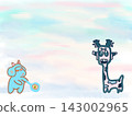 Cute blue character cooking fried egg alongside a quirky giraffe on a soft pastel sky background 143002965