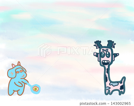 Cute blue character cooking fried egg alongside a quirky giraffe on a soft pastel sky background 143002965