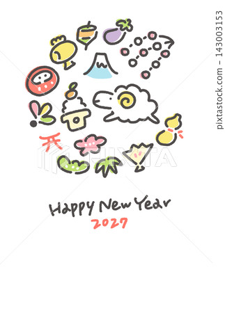 可愛的綿羊和吉祥新年圖案圓形新年卡片模板,手繪,2027,垂直版 可愛的綿羊和吉祥新年圖案圓形新年卡片模板,手繪,2027,垂直版 143003153
