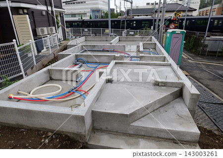 Concrete Foundation Construction with Reinforcement and Scaffolding in Japan Concrete Foundation Construction with Reinforcement and Scaffolding in Japan 143003261