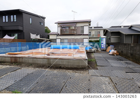 Concrete Foundation Construction with Reinforcement and Scaffolding in Japan Concrete Foundation Construction with Reinforcement and Scaffolding in Japan 143003263