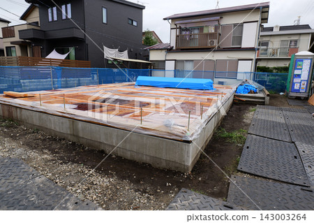 Concrete Foundation Construction with Reinforcement and Scaffolding in Japan Concrete Foundation Construction with Reinforcement and Scaffolding in Japan 143003264