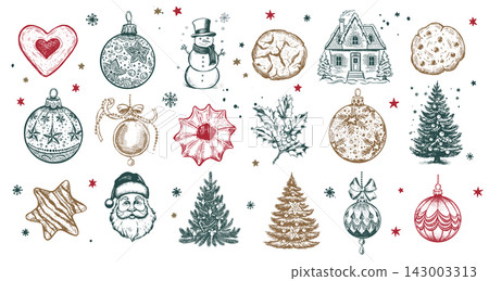 Christmas Cookie and ball set on white, Hand drawn Christmas Cookie and ball set on white, Hand drawn 143003313