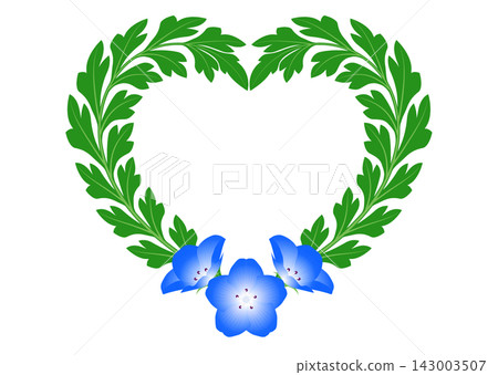 心形植物相框，飾有藍色的粉蝶花和綠色的葉子。 143003507