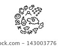 圓形新年卡片插圖，圖案包含可愛的綿羊和吉祥的新年符號；單色線條畫；手繪；方形；2027 143003776