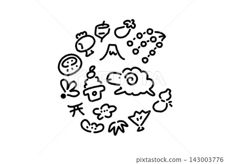 圓形新年卡片插圖,圖案包含可愛的綿羊和吉祥的新年符號;單色線條畫;手繪;方形;2027 圓形新年卡片插圖,圖案包含可愛的綿羊和吉祥的新年符號;單色線條畫;手繪;方形;2027 143003776