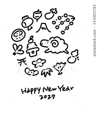 可愛的綿羊和吉祥的新年圖案,構成一張圓形新年卡片插圖。單色線條畫,手繪。 2027年。豎版格式。 可愛的綿羊和吉祥的新年圖案,構成一張圓形新年卡片插圖。單色線條畫,手繪。 2027年。豎版格式。 143003782