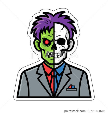 Half Zombie Half Skull Man in Business Suit Vector Sticker, Purple Hair, Red Eye, Corporate Horror Half Zombie Half Skull Man in Business Suit Vector Sticker, Purple Hair, Red Eye, Corporate Horror 143004606