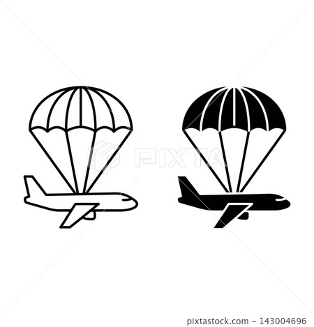 Black and white airplane parachute icon set with outline and solid silhouette styles Black and white airplane parachute icon set with outline and solid silhouette styles 143004696