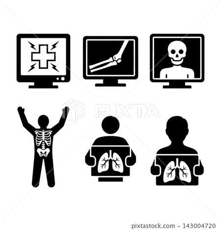 Medical xray icons showing lungs bones and skull on computer screens with patient Medical xray icons showing lungs bones and skull on computer screens with patient 143004720
