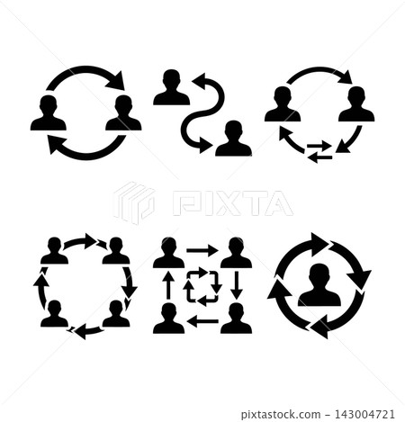 Black silhouette icons of people connected by circular and linear arrows Black silhouette icons of people connected by circular and linear arrows 143004721
