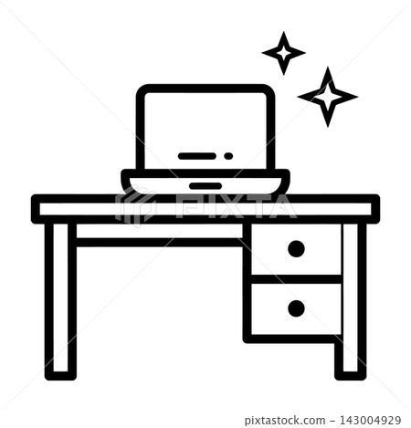 Minimalist Laptop on Office Desk Icon with Sparkles and Storage Drawers 143004929