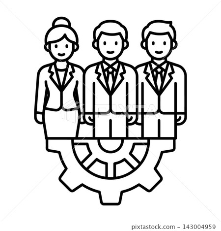 Three business people standing behind a gear symbol teamwork collaboration Three business people standing behind a gear symbol teamwork collaboration 143004959
