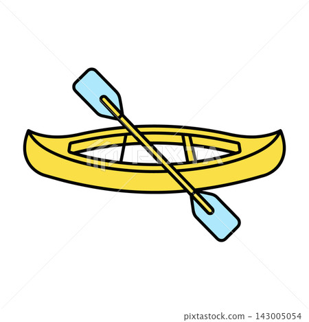 Yellow Canoe With Blue Paddle, Simple Flat Icon Design, White Background 143005054