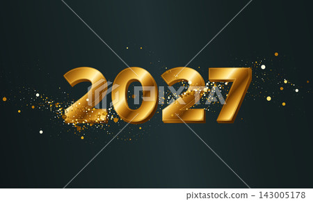 Golden 2027 numerals with flowing confetti on a deep teal background for New Year banners, cards, posters, and festive promotions. Golden 2027 numerals with flowing confetti on a deep teal background for New Year banners, cards, posters, and festive promotions. 143005178