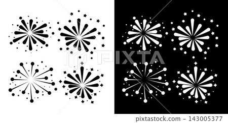 Festive firework bursts monochrome icons set Festive firework bursts monochrome icons set 143005377