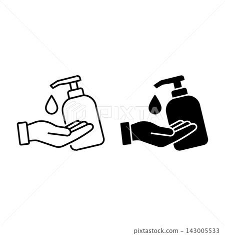 Hand soap dispenser icon set in black and white line and solid silhouette style Hand soap dispenser icon set in black and white line and solid silhouette style 143005533