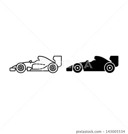 Race Car Vector Icon Set, Outline and Silhouette Styles, Black on White 143005534