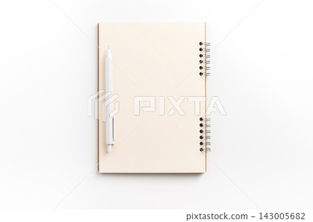 Top view of blank spiral notebook mockup on white background 143005682