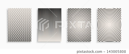 Set of monochrome halftone abstract geometric covers, templates, placards, brochures, banners, backgrounds. Minimalistic striped and dotted gradient modern posters Set of monochrome halftone abstract geometric covers, templates, placards, brochures, banners, backgrounds. Minimalistic striped and dotted gradient modern posters 143005808