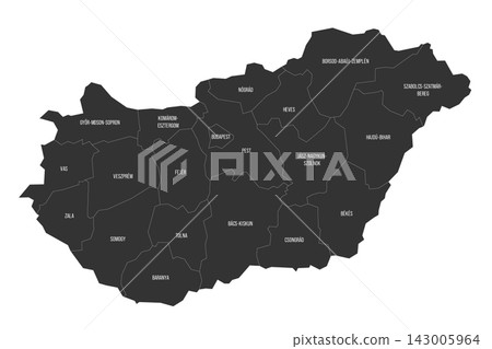 Hungary political map of administrative divisions - counties and autonomous city of Budapest. Flat dark grey map on white background with province name labels Hungary political map of administrative divisions - counties and autonomous city of Budapest. Flat dark grey map on white background with province name labels 143005964