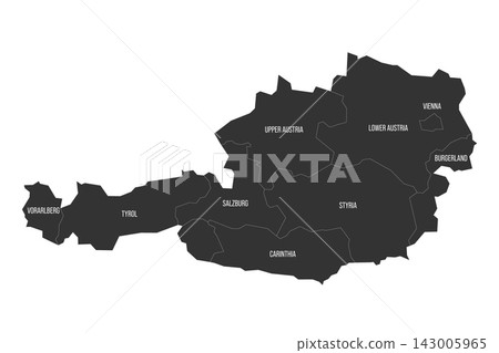 Austria political map of administrative divisions - federal states. Flat dark grey map on white background with province name labels Austria political map of administrative divisions - federal states. Flat dark grey map on white background with province name labels 143005965