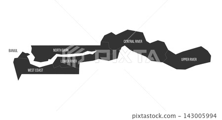 The Gambia political map of administrative divisions - regions and city of Banjul. Flat dark grey map on white background with province name labels The Gambia political map of administrative divisions - regions and city of Banjul. Flat dark grey map on white background with province name labels 143005994