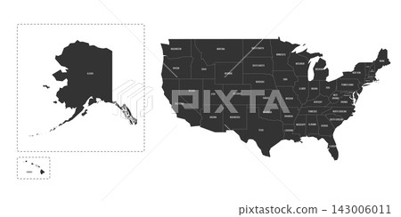 United States of America political map of administrative divisions - states and federal district Washington, D.C. Flat dark grey map on white background with province name labels United States of America political map of administrative divisions - states and federal district Washington, D.C. Flat dark grey map on white background with province name labels 143006011