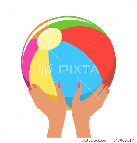 Hands hold colorful beach ball Hands hold colorful beach ball 143006117