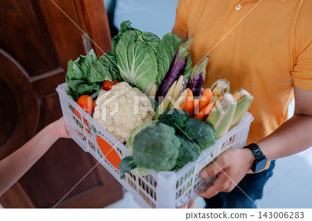 Person carrying fresh vegetable crate with broccoli, cauliflower, cabbage, carrots, tomatoes, eggplants, and leafy greens at home doorway for healthy grocery delivery 143006283