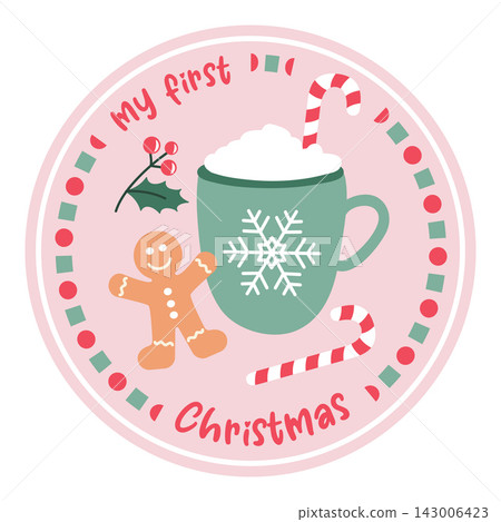 cute my first christmas sticker with cocoa drink and cookie vector illustration cute my first christmas sticker with cocoa drink and cookie vector illustration 143006423