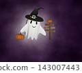 Halloween cute ghost and rickety old wooden signpost in foggy purple background 143007443