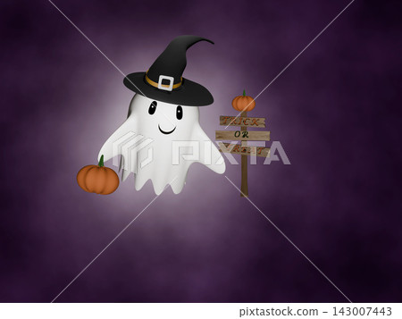 Halloween cute ghost and rickety old wooden signpost in foggy purple background Halloween cute ghost and rickety old wooden signpost in foggy purple background 143007443