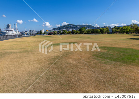 從寬闊的草坪公園裡,可以看到藍天和港口城市的城市景觀。 從寬闊的草坪公園裡,可以看到藍天和港口城市的城市景觀。 143007612