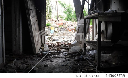 View to destroyed residential buildings at Kharkivska oblast. Ruined houses after bomb attacks on ukrainian territory from russia army. Consequences of russian invasion of Ukraine. Slow motion View to destroyed residential buildings at Kharkivska oblast. Ruined houses after bomb attacks on ukrainian territory from russia army. Consequences of russian invasion of Ukraine. Slow motion 143007739