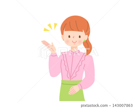 Illustration of a young woman introducing herself with a smile Illustration of a young woman introducing herself with a smile 143007863